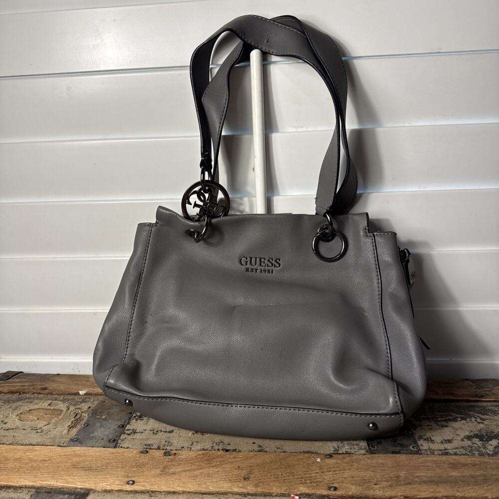 Guess Tara Girlfriend Satchel Gray Faux Leather Gunmetal Tone Hardware Purse